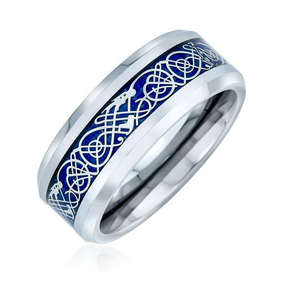Blue Silver Tone Celtic Knot Dragon Inlay Couples Titanium Wedding Band Rings for Men for Women Comfort Fit 8MM