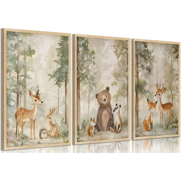 JANS.NO1 3Pcs Woodland Animal Nursery Canvas wall art Wild Animals Forest Paintings Pictures Wall Decor Fox Bear Deer Watercolor Poster Printing Artwork for Boys Room