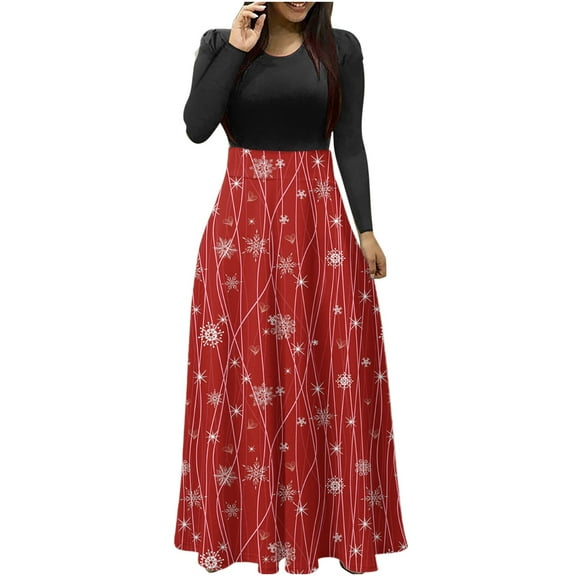 Fesfesfes Women Dress Plus Size Christmas Print Long Sleeve Round-neck Ankle-Length Long Dress Under $10