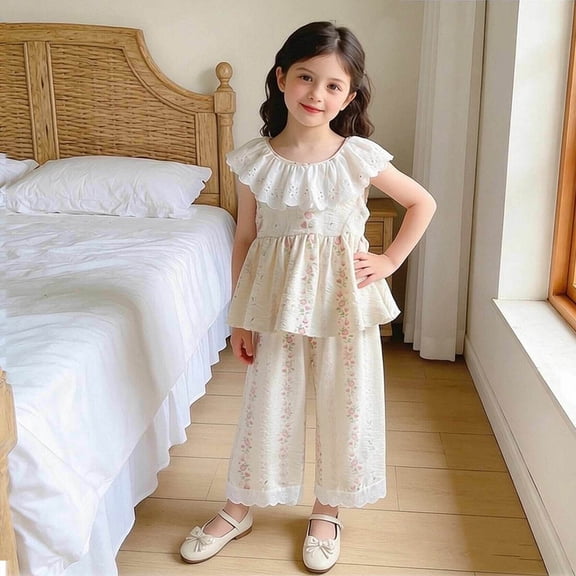 ATOGUTA Two Piece Set Girl Sleeveless Doll Collar Top Lace Pants Size 1T-12 Cute Casual Outfit Beige