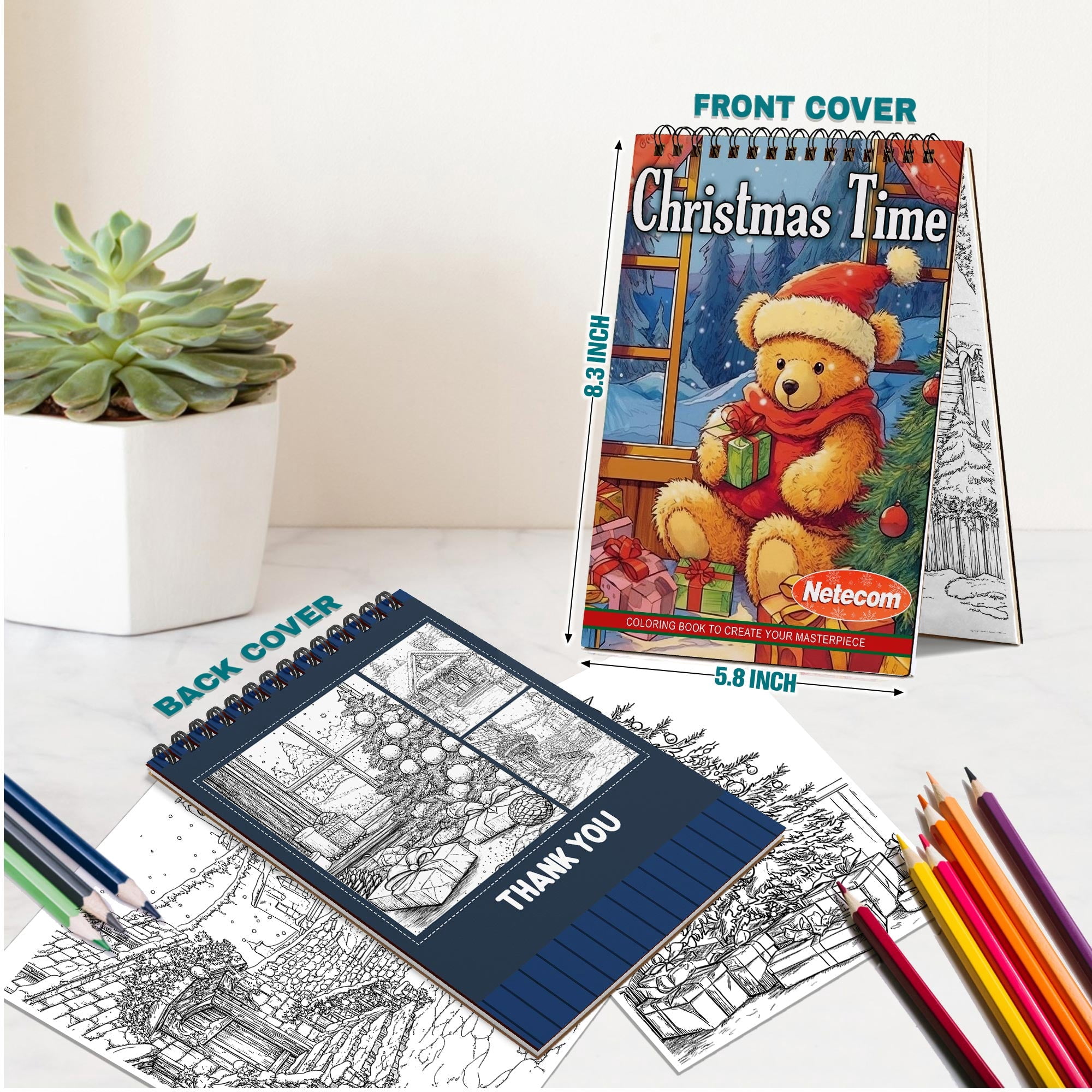 Netecom Christmas Time Coloring Book Spiral Bound For Adults, A5 Wooden Cover, 30 Magical Coloring Pages of Winter Festivities for Stress Relief and Relaxation
