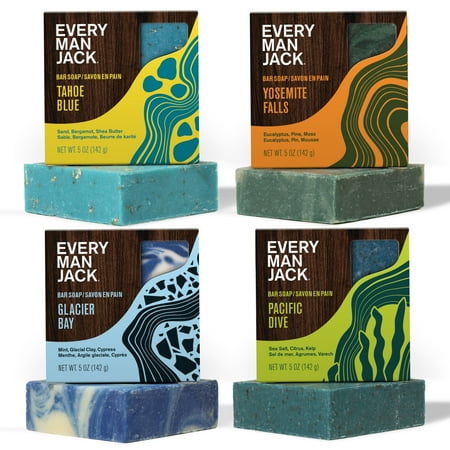 Every Man Jack Cold Processed Mens Bar Soap Variety Pack, Pacific Dive, Glacier Bay, Tahoe Blue and Yosemite Falls (4 Pack)