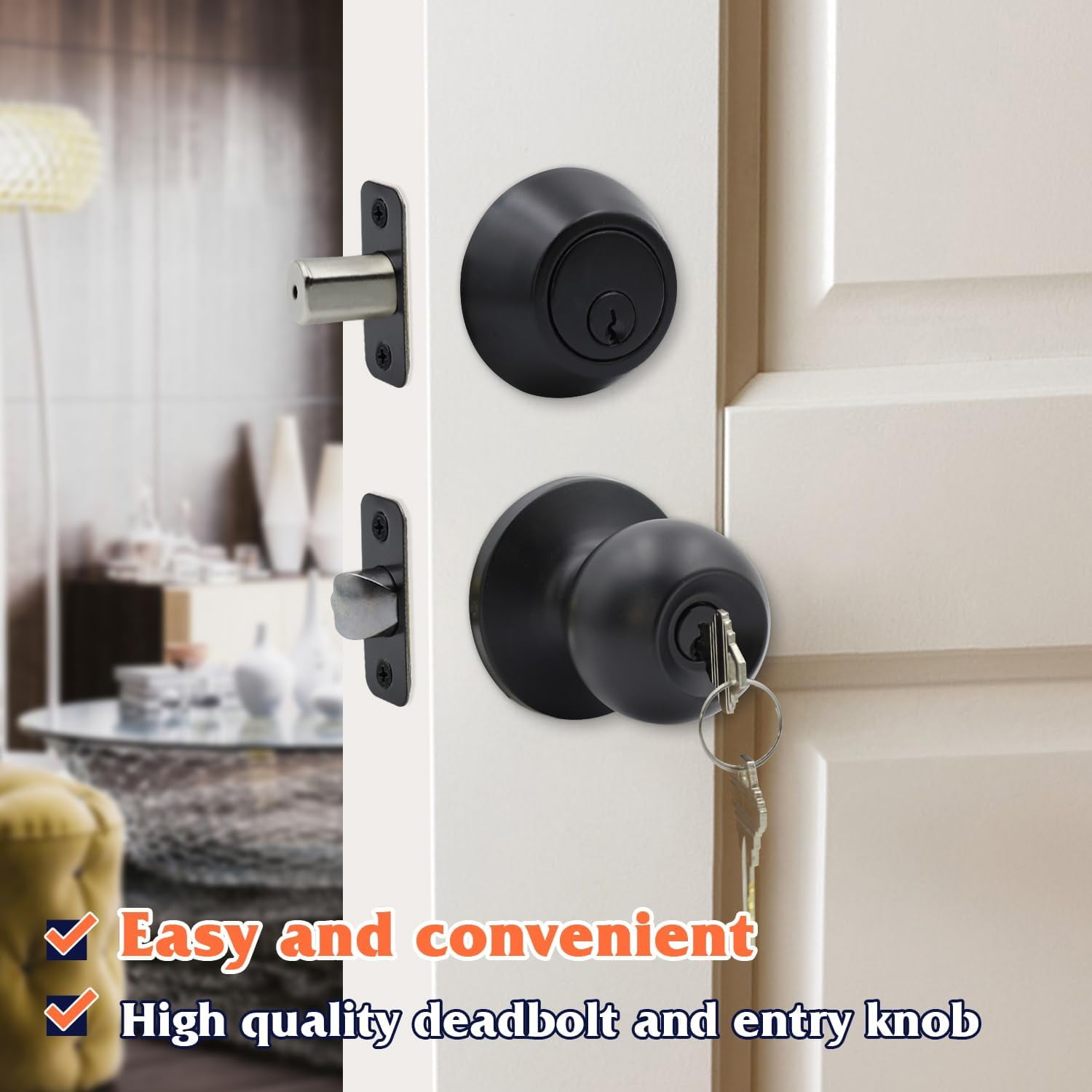 Entry Door Knob and Single Cylinder Deadbolt Combo, Keyed Alike Combination Sets Door Locksets, Matte Black Front Door Knobs and Deadbolt Set (3 Pack)