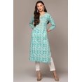 thumbnail image 2 of DWEEP SARA Women’s Turquoise Blue Viscose Rayon Ethnic Motifs Straight Kurta M/38 Shirt Collar 3/4 Sleeves Printed Tunic Top, 2 of 7