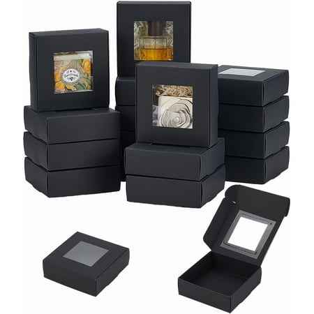 16pcs Black Mini Paper Boxes PVC Window Gift Boxes Square Present Boxes for Wedding Gift Chocolates Cookies and Other Small Crafts 4.9x4.7x1.6 Inch BlackDIY