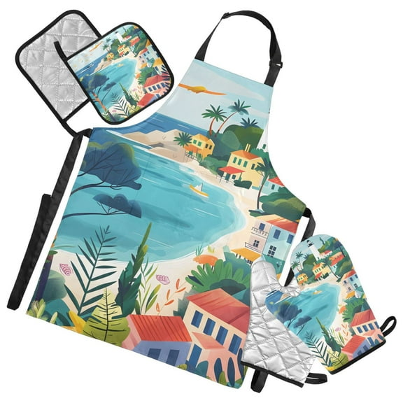 Cartoon Seaside Scenery 5 Pcs Kitchen Set Heat Resistant Oven Mitts and Non-Slip Pot Holders with Adjustable Cooking Apron