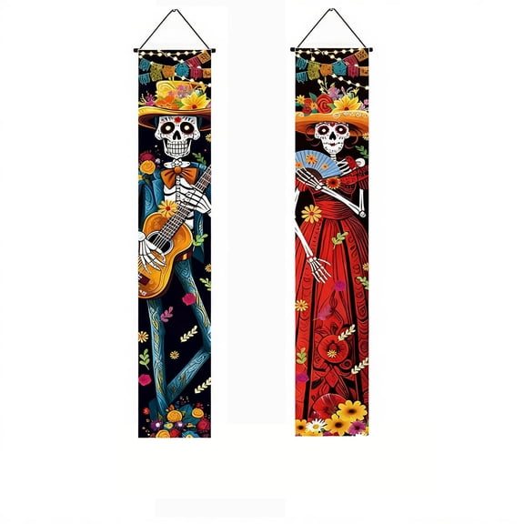 2PCS Day of The Dead Porch Sign & Door Banner, Mexican Dia De Muertos Decor for Fiesta Party, Outdoor Wall & Front Door Hanging Ornaments