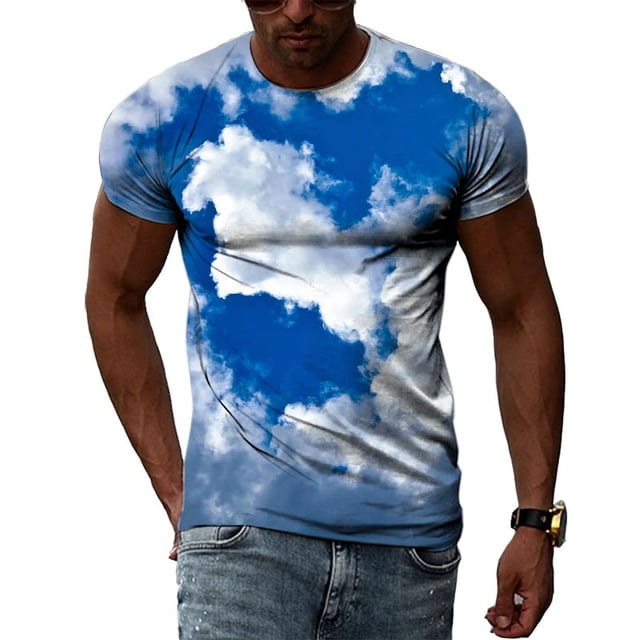 T-shirts d'Été Ciel Bleu et Nuages Blancs Impression 3D pour Hommes Mode Décontractée Personnalité Simple Col Rond Manches Courtes