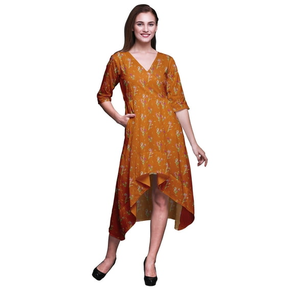 Bimba Cotton Orange Clover Leaves Floral Womens V Neck Asymmetrical Pocket Shift Dress Short Sleeve Midi Dress-Large