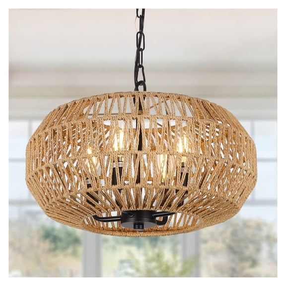 Farmhouse Rattan Pendant Lights, 15.7" 4-Light Boho Chandelier Light Fixture, Wicker Hand Woven Basket Pendant Hanging for Dining Room Living Room Kitchen Island Bedroom Foyer, Height Adjustable