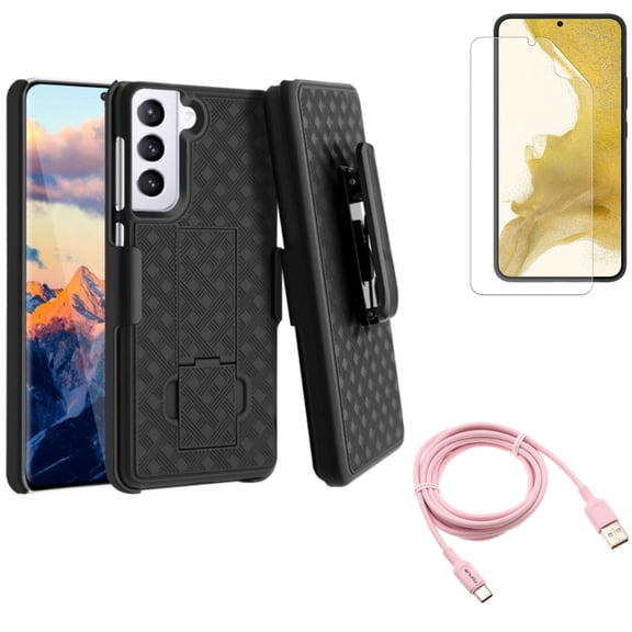 For Samsung Galaxy S21 (6.2") - Anti-Glare TPU Film Matte Screen Protector   Swivel Holster Case Belt Clip   Charger Cord Pink 6ft USB-C Cable