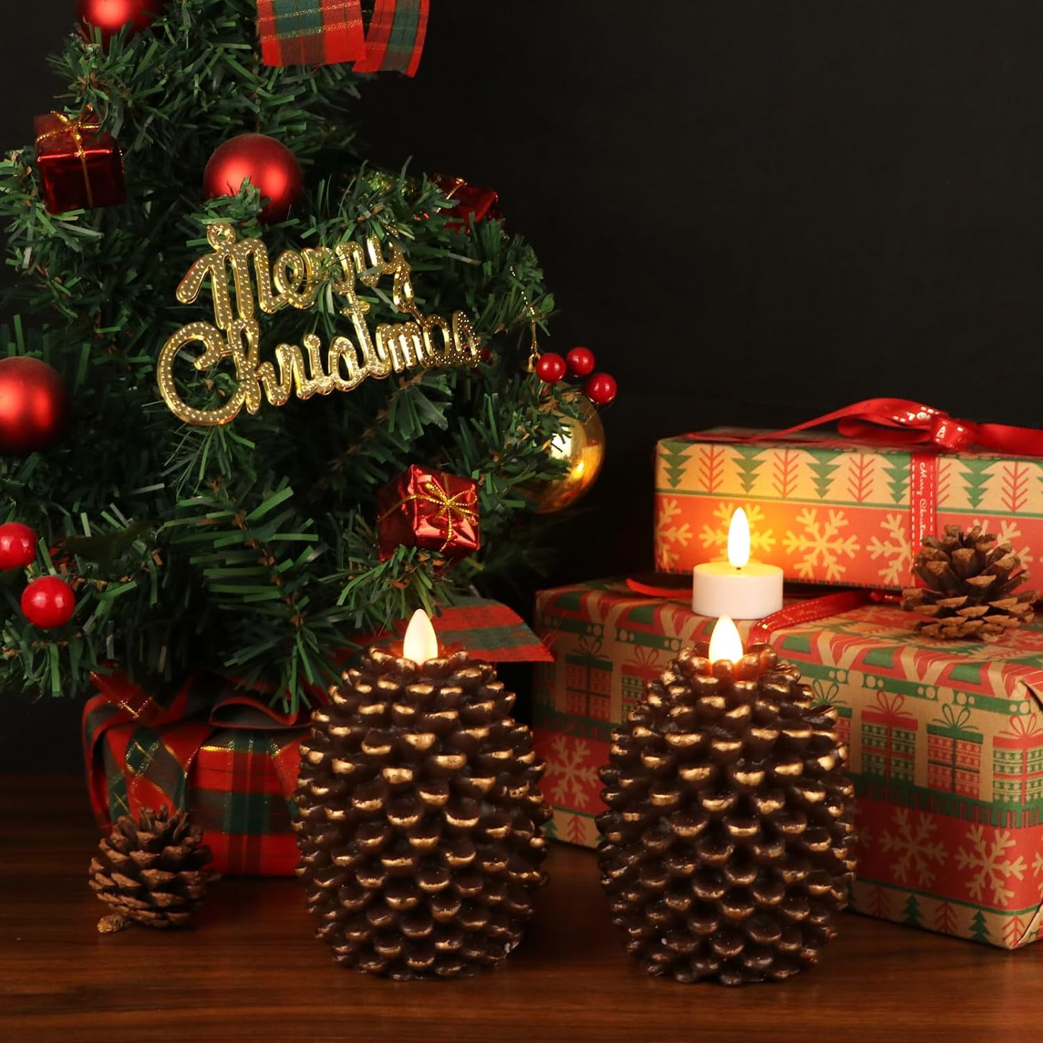 2 Pack Pine Shape Flameless Candles with Timer, Battery Operated Flickering Wick Pine Cone Candles for Holiday Indoor Christmas Decoration, Brown with Gold