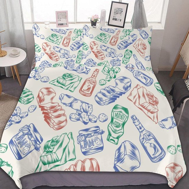 HAHDAXIA Food Pattern Bedding Solid Comforter Set for All Seasons,3 Pieces(1 Comforter+2 Pillowcases),Soft Microfiber Bedding Set Full(79"x90")