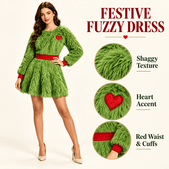Women's Green Fuzzy Long Sleeve Christmas Dress with Red Waistband & Heart Embroidery, Holiday Monster Cosplay Party Mini Dress
