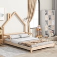 thumbnail image 3 of Full Size Floor Bed Montessori Bed Frame with House-Shaped Headboard and Guardrail, Wooden Floor House Bed for Kids Boys Girls, 8 Slats Support, No Spring Box Needed, Natural, 3 of 7