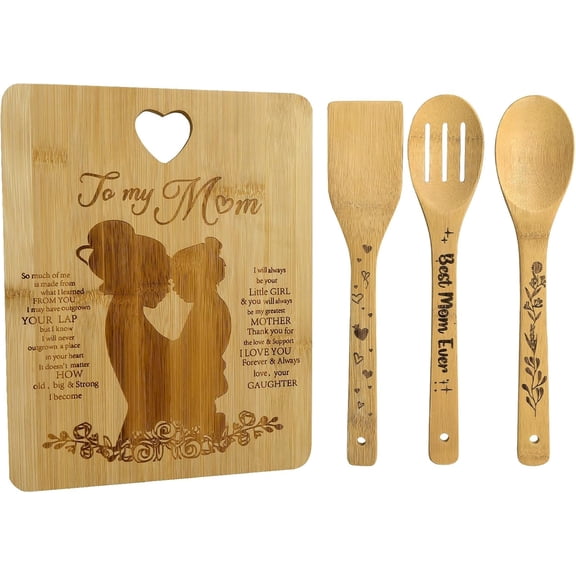 Bamboo Wood Decorative Wooden Spoons and Cutting Board Set Mom Themed Kitchen Utensils Mother's Day Gift