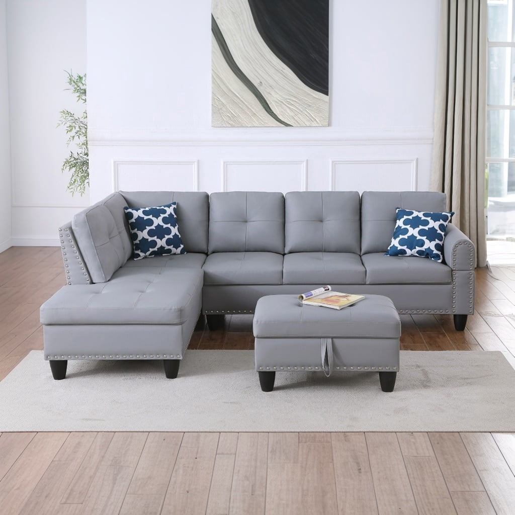 Hommoo L-Shaped Upholstered Sectional Sofa Couch with Storage & Cup Holders, Faux Leather Living Room Sofa Set, With Ottoman, Gray