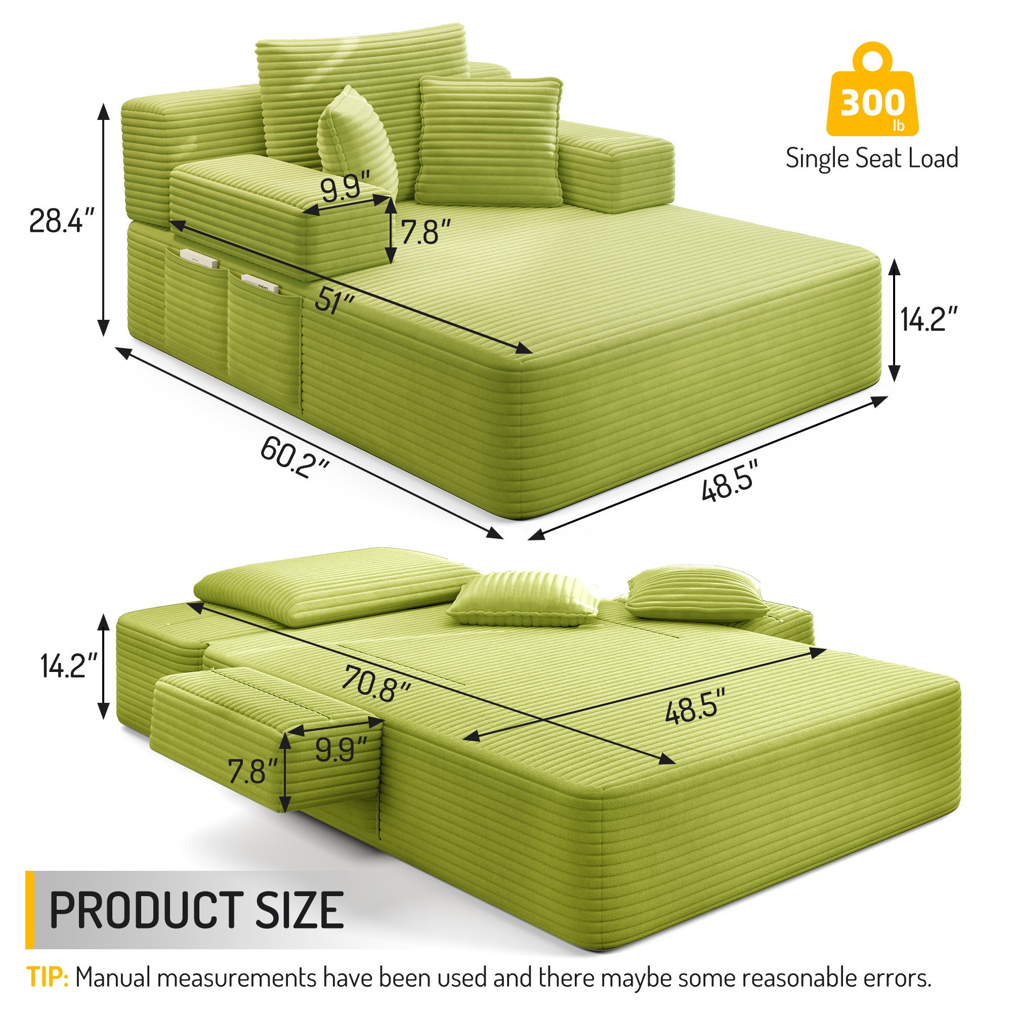Alvantor Oversized Corduroy Convertible Chaise Lounge Sofa Bed, Green