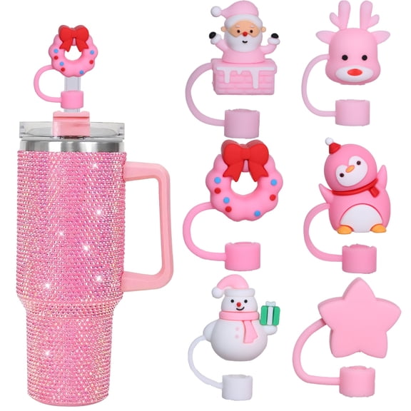 Straw Topper Cap, Pink 3D Christmas Cartoon, 6 Pack Set, Fits 0.4in Straw for Stanley Tumbler