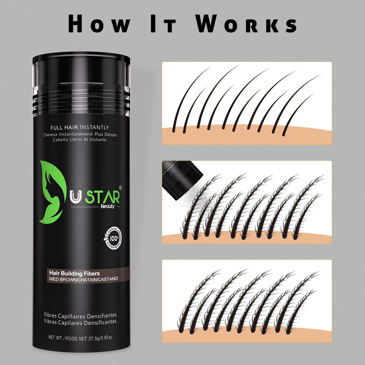 Ustar Hair Building Fibers Fill in Fine or Thinning Hair (Dark Brown) 2 Pack with Fiber Hold Spray