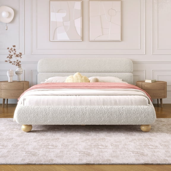 Euroco Teddy Fleece Fabric Queen Size Platform Bed with Round Legs, White