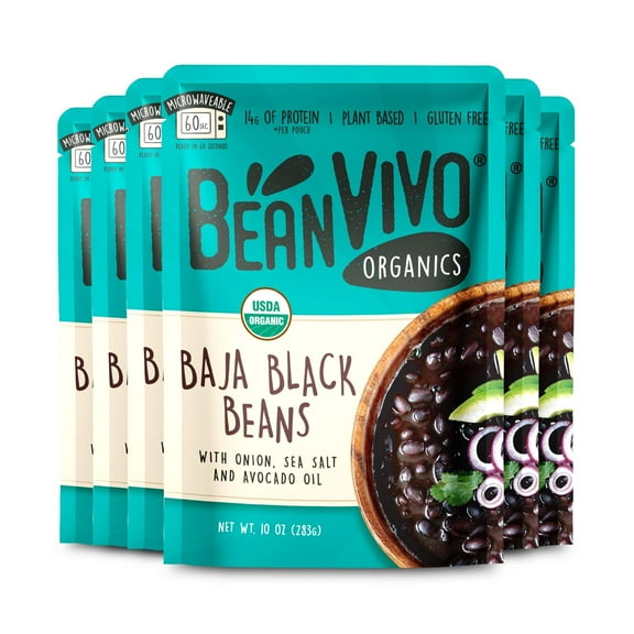 BeanVIVO - Organic Baja Black Beans 6 Pack (10 oz each) - Seasoned & Ready to Eat, Plant Protein, Vegan, Gluten Free, Microwaveable, Instant Meals.