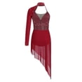 thumbnail image 4 of iixpin Womens One Shoulder Rhinestones Bodysuit Dress Asymmetric Modern Lyrical Dance Costume Burgundy XXL, 4 of 7