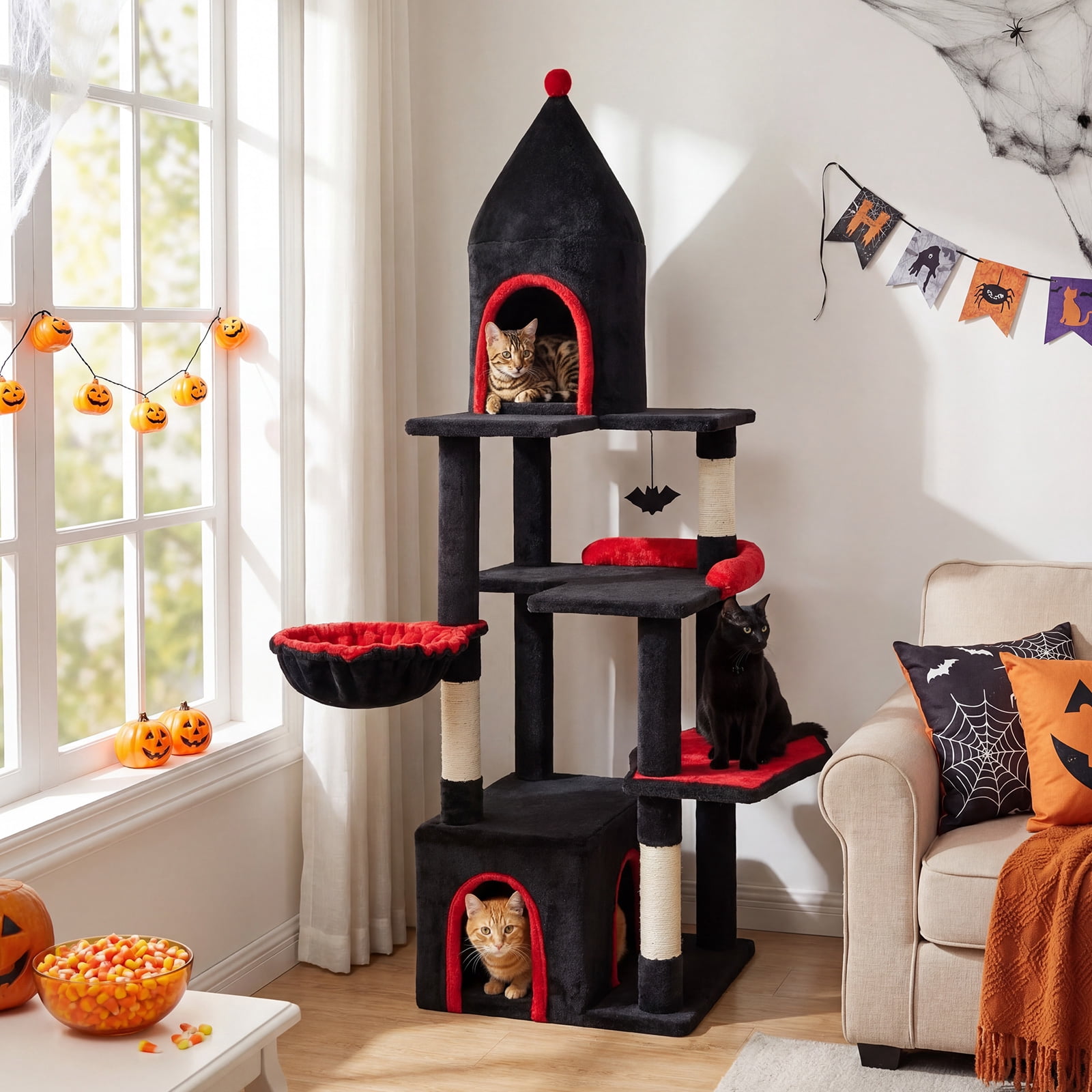 Gymax 63'' Gothic Cat Tree w/ Condo Top Cave Sisal Scratching PostsBat Hanging Toy