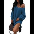 thumbnail image 1 of Suéteres para Mujer, Punto , Cuello en V, Color Liso, Larga, Informales, Holgados, Suaves, Tipo Jersey. Azul XXL, 1 of 6