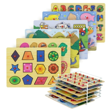 Etna Wood Peg Puzzle Set with 6 Puzzles and Wire Storage Rack – ABC, Numbers, Shapes, Vehicles and Animals Educational Puzzles for Kids 3 and Up – Wooden Puzzles for Children Aged 1 and Up