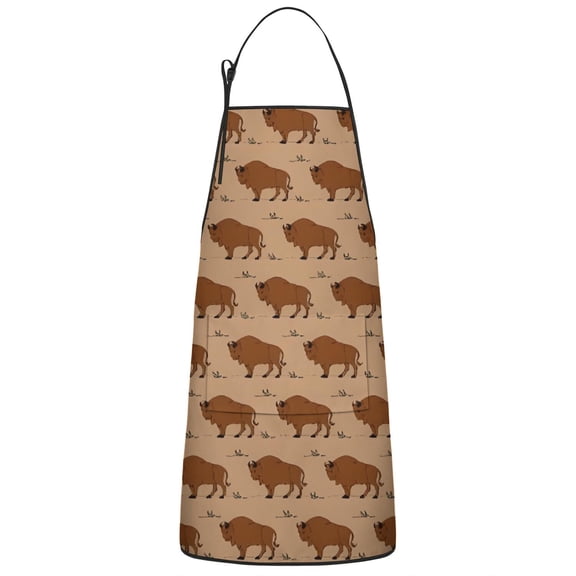Brown Buffalo Pattern Apron-Garden Aprons for Women with Pockets-Cotton Linen Waterproof Kitchen Cooking Gardening Aprons Adjustable for Kitchen,Cooking,BBQ and Salon 33x27 Inch