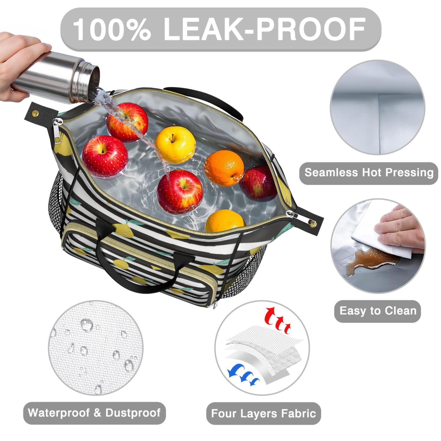 Cute Lemon Pattern Insulated Lunch Bag - Leakproof & Waterproof Food Storage Tote with Shoulder Strap for Work, School, Travel