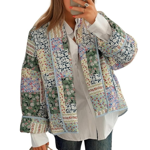 Women's Quilted Jacket Cardigan Lightweight Floral Print Open Front Padded Puffer Jackets