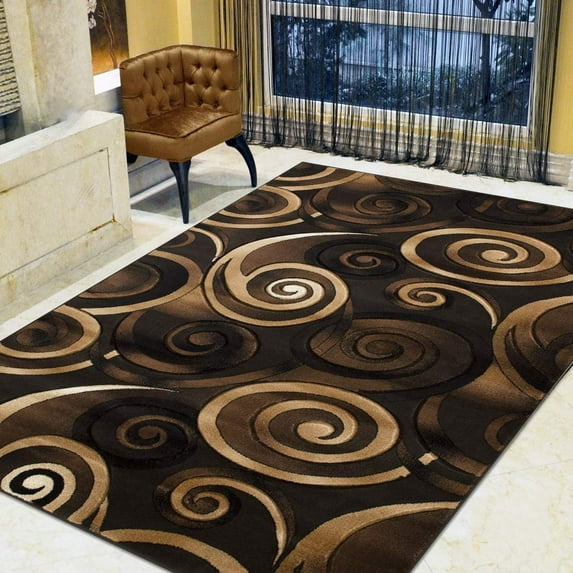 Spiral/Swirls Modern Contemporary Hand Carved Area Rug-Chocolate/Beige/Black