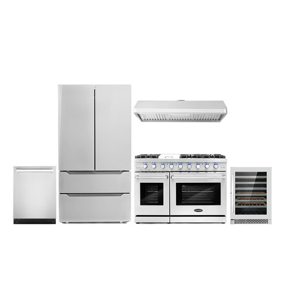 Cosmo 5 Piece Kitchen Appliance Packages with 48" Freestanding Gas Range 48" Under Cabinet Mount 24" Built-in Fully Integrated Dishwasher French Door Refrigerator & 48 Bottle Wine Refrigerator