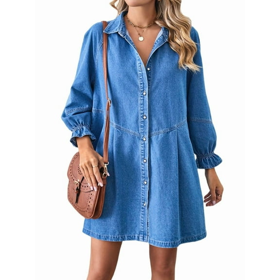 Women's Denim Shirt Dress with Lantern Sleeves, Button Down Tiered Ruffle Jean Mini Dress, Long Sleeve Casual Style Light Blue L