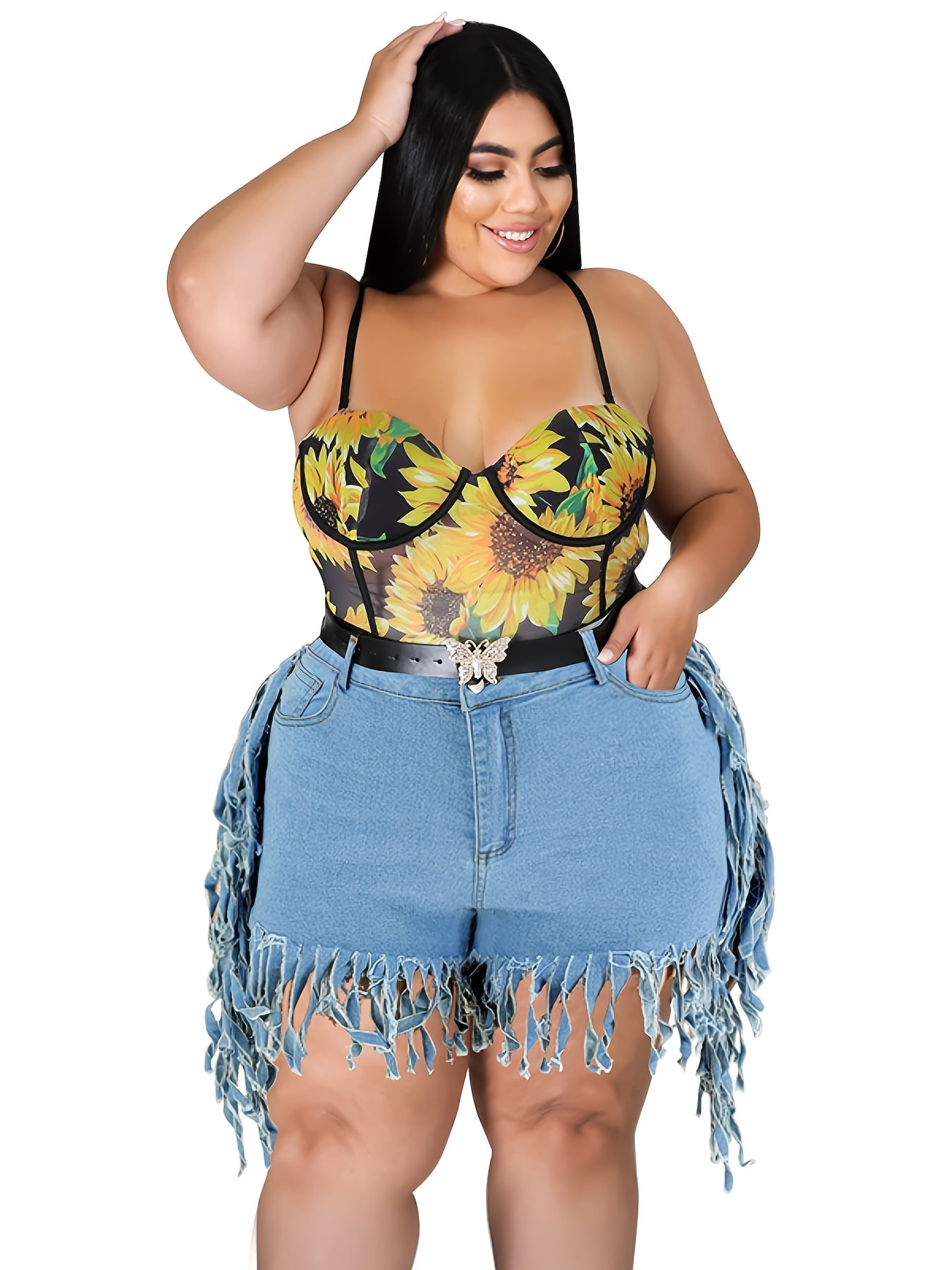Plus Size Fringe Trim Denim Shorts Women's Plus Medium Stretch Elegant Jean  Shorts - Walmart.com
