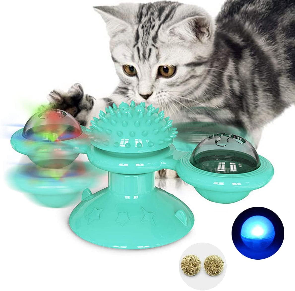 3 Pieces Windmill Cat Toy Interactive Cat Funny Toy Portable Turntable Rotating Cat Toy Scratching Tickle Hair Brush with LED Ball and Catnip Ball for Cats Grooming Massaging 