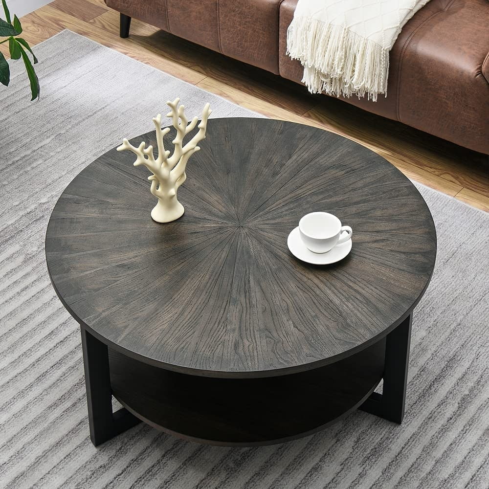 Round Coffee Table with Solid Wood Storage Circle Center Table Rustic