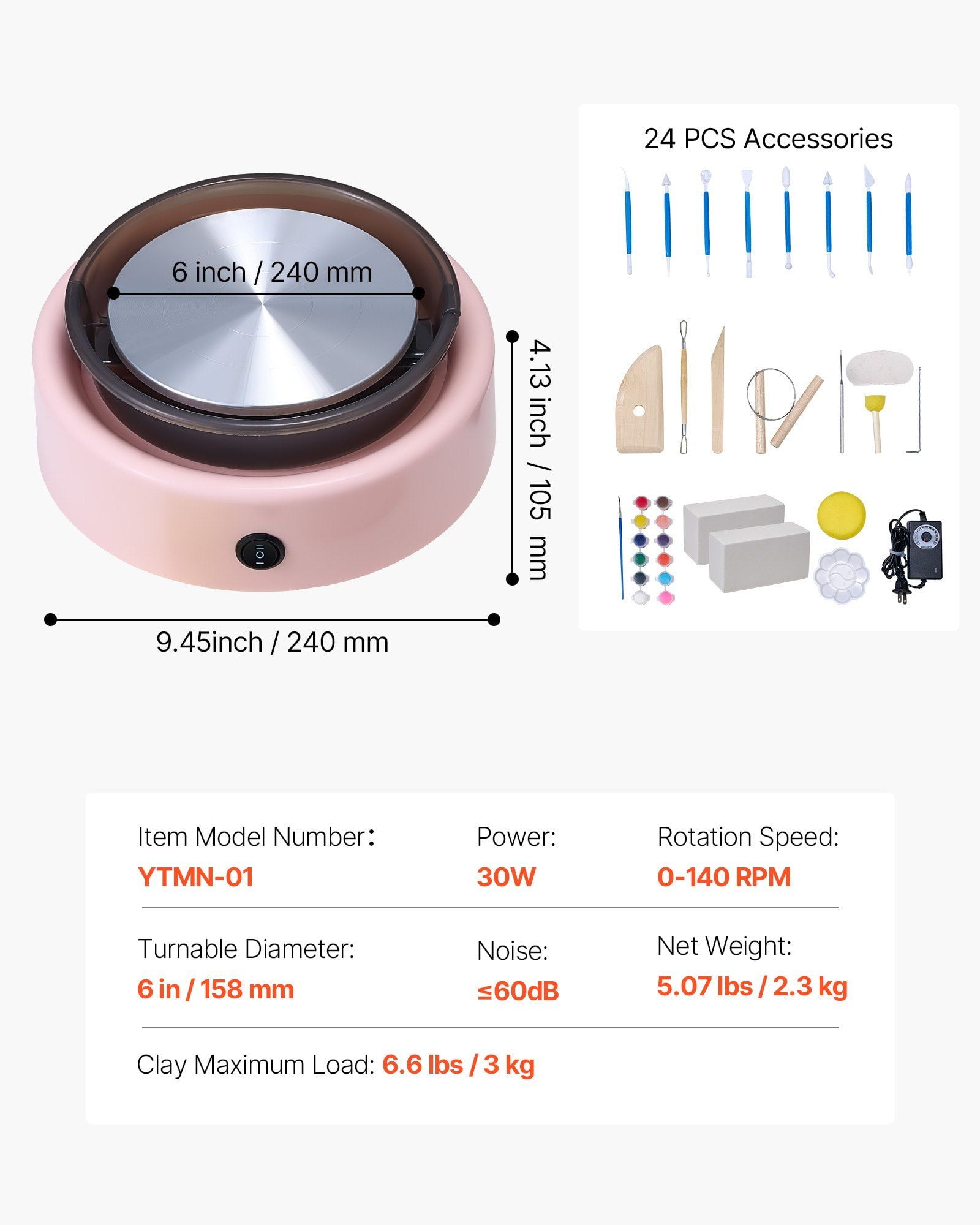 Mini Pottery Wheel Electric Clay Wheel for Kids, 6-Inch Aluminum Turntable with 30W Motor, Adjustable 0–140 RPM Speed, Forward/Reverse Spin, Complete Craft Kit Included, Pink, Fun Creative Gift