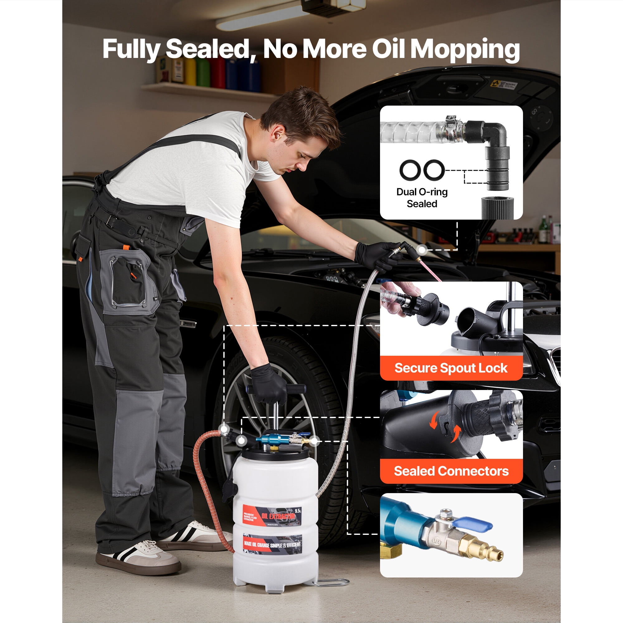 KFFKFF 9.5 L Fluid Extractor, Pneumatic and Manual Vacuum Oil Pump with 59 in Hose & Three 47 in Extension Tubes, Oil Change Tool with Durable PE Tank for Vehicles, Lawn Equipment, and Boats