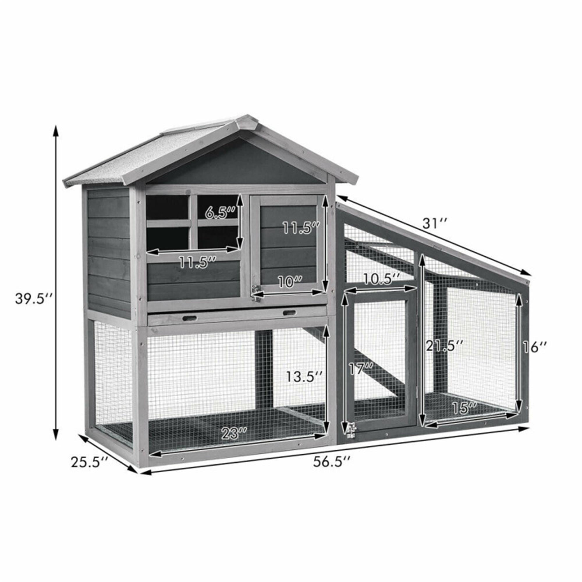resenkos 56" Rabbit Hutch Outdoor, Indoor Rabbit Cage with Tray, Wood Bunny House, 2-Story Chicken Coops with Run, Gray