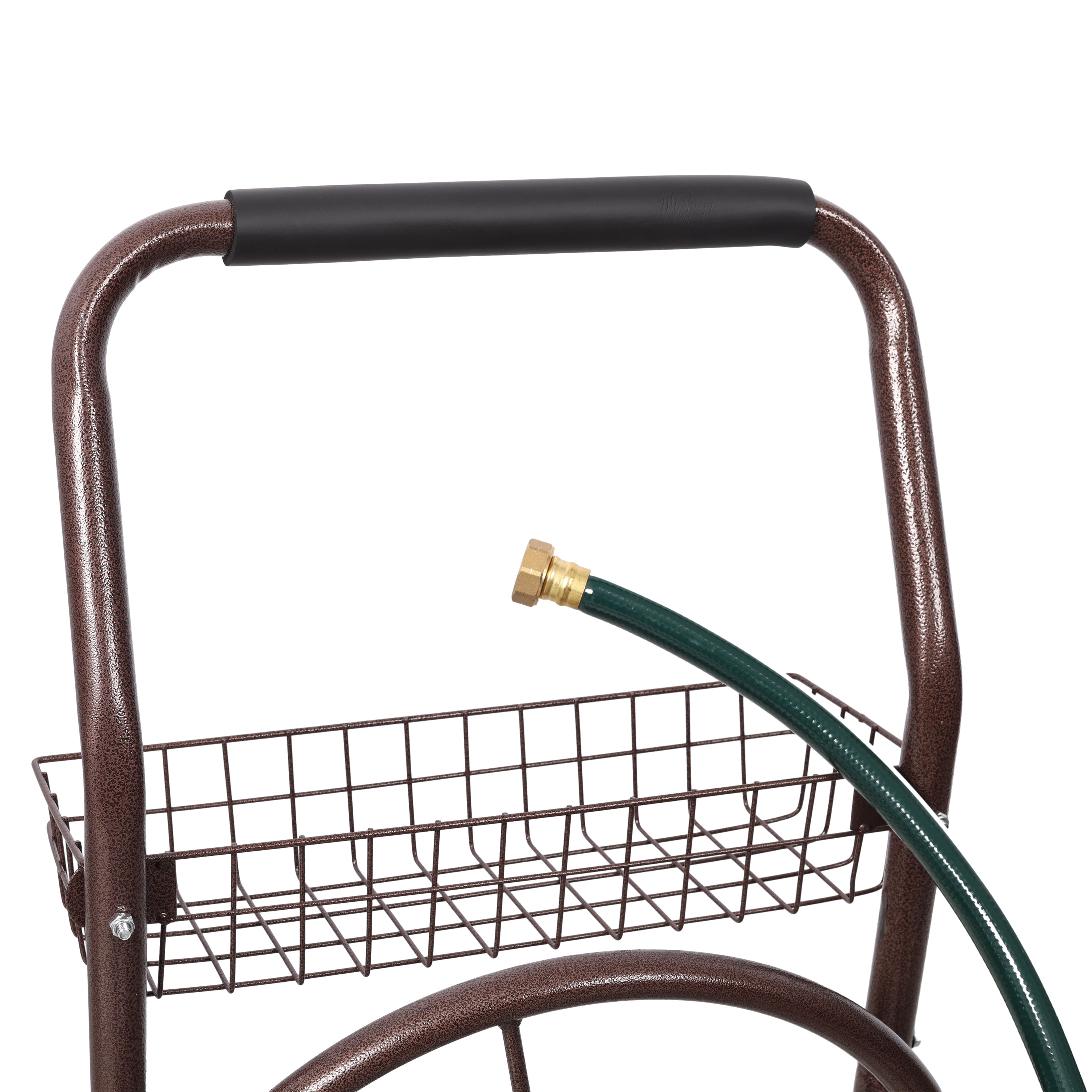 Bronze Steel Hose Reel Cart with Wheels - 31 in Length 250 Ft Capacity for Garden Watering and Storage