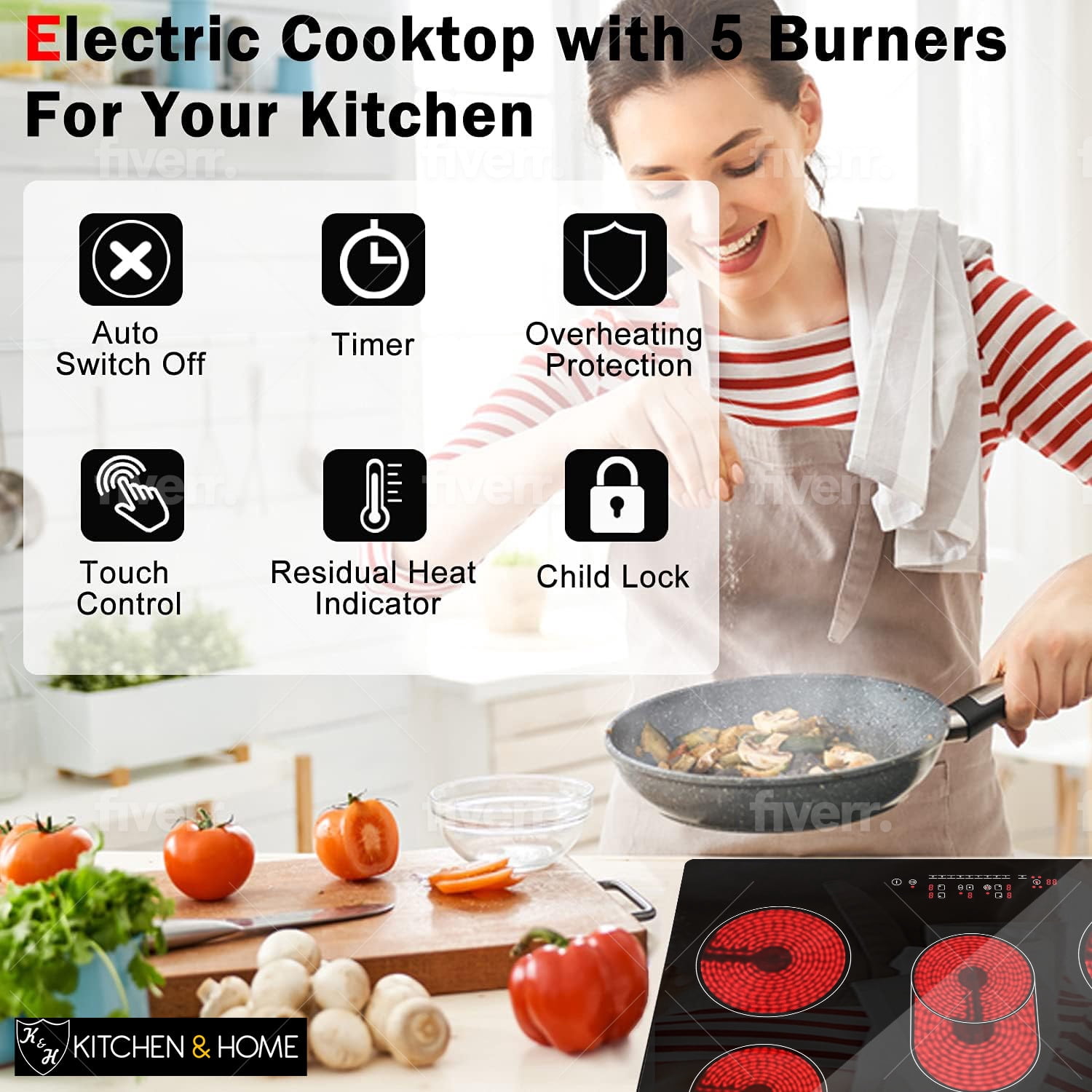 K&H German Designed 5 Burner 30 Inch Built-in Electric Stove Top Radiant Ceramic Kitchen Cooktop Touch Control 240V 8600W CE30-8608
