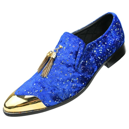 Amali Men's Faux Velvet Loafer with Luminous Flecks, Gold Chain Tassel & Matching Metal Tip Dress Shoe, Style Chaz Available in Red and Royal