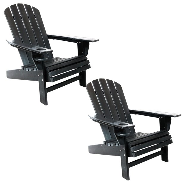 Sunnydaze All Weather Outdoor Adirondack Chair With Drink Holder Heavy Duty Hdpe Weatherproof Patio Ideal For Lawn Garden Or Around A Firepit Black Set Of 2 Com Hdpe Weatherproof Patio Chair, Hdpe Outdoor Furniture