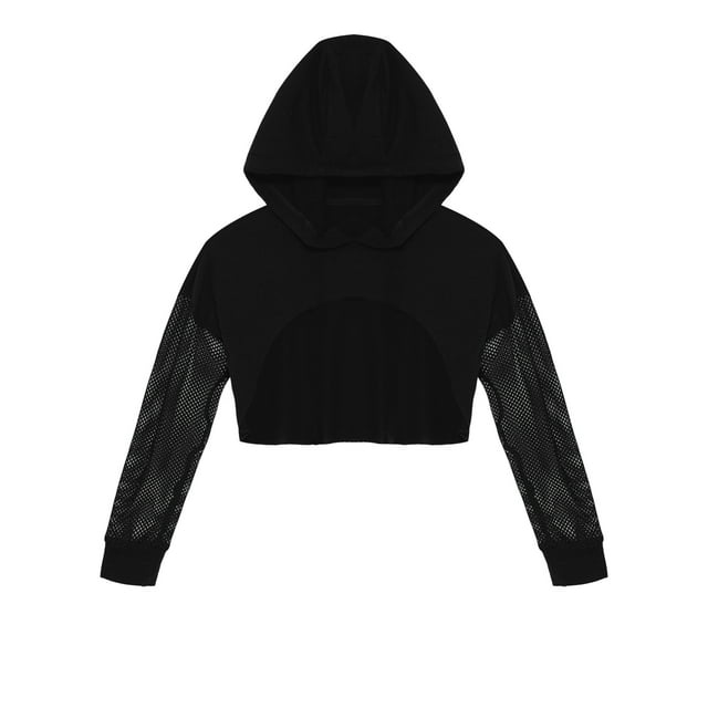 iixpin Filles Enfants Chandail à Capuchon Court en Maille Transparente à Manches Longues Hauts Courts de Danse Chandail en Résille à Capuchon Noir 8