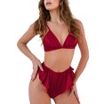 thumbnail image 1 of Lencería con volantes de 2 piezas, ropa de dormir, cuello en V, cierre frontal, sujetador, pantalones cortos elásticos, conjunto de lencería de satén suave, Rojo M, 1 of 6