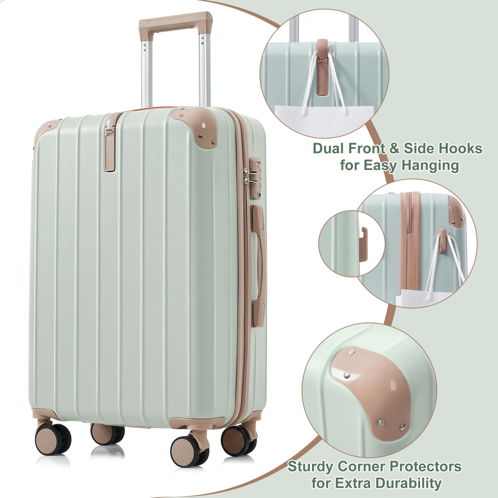 Euroco 3 Piece Luggage Sets, Lightweight Durable Hardshell Suitcase set with 360° Spinner Wheels,TSA Lock & Side Hooks,Large Checked Travel Suitcase for Family,Grey Green