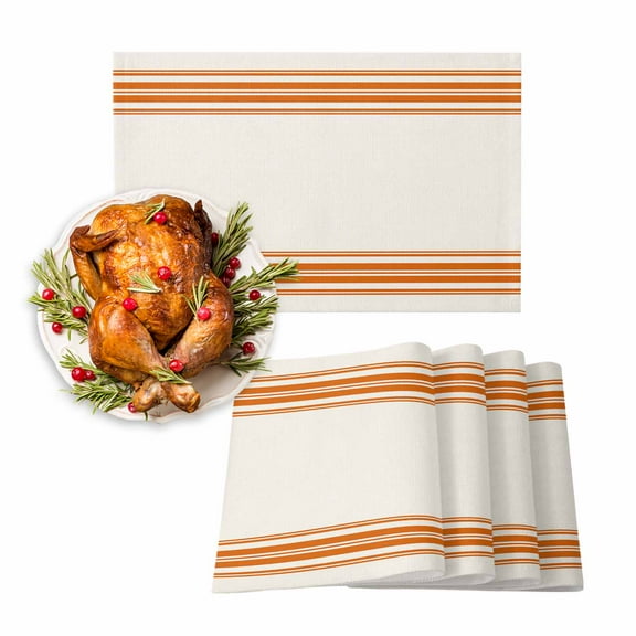 Fall Placemats Set of 6 Orange Stripes Place Mats Thanksgiving Placemat French Stripe Farmhouse Style Table Mats for Dining Kitchen Table Holiday Dinner Party Home Fall Decorations 13x19 Inch